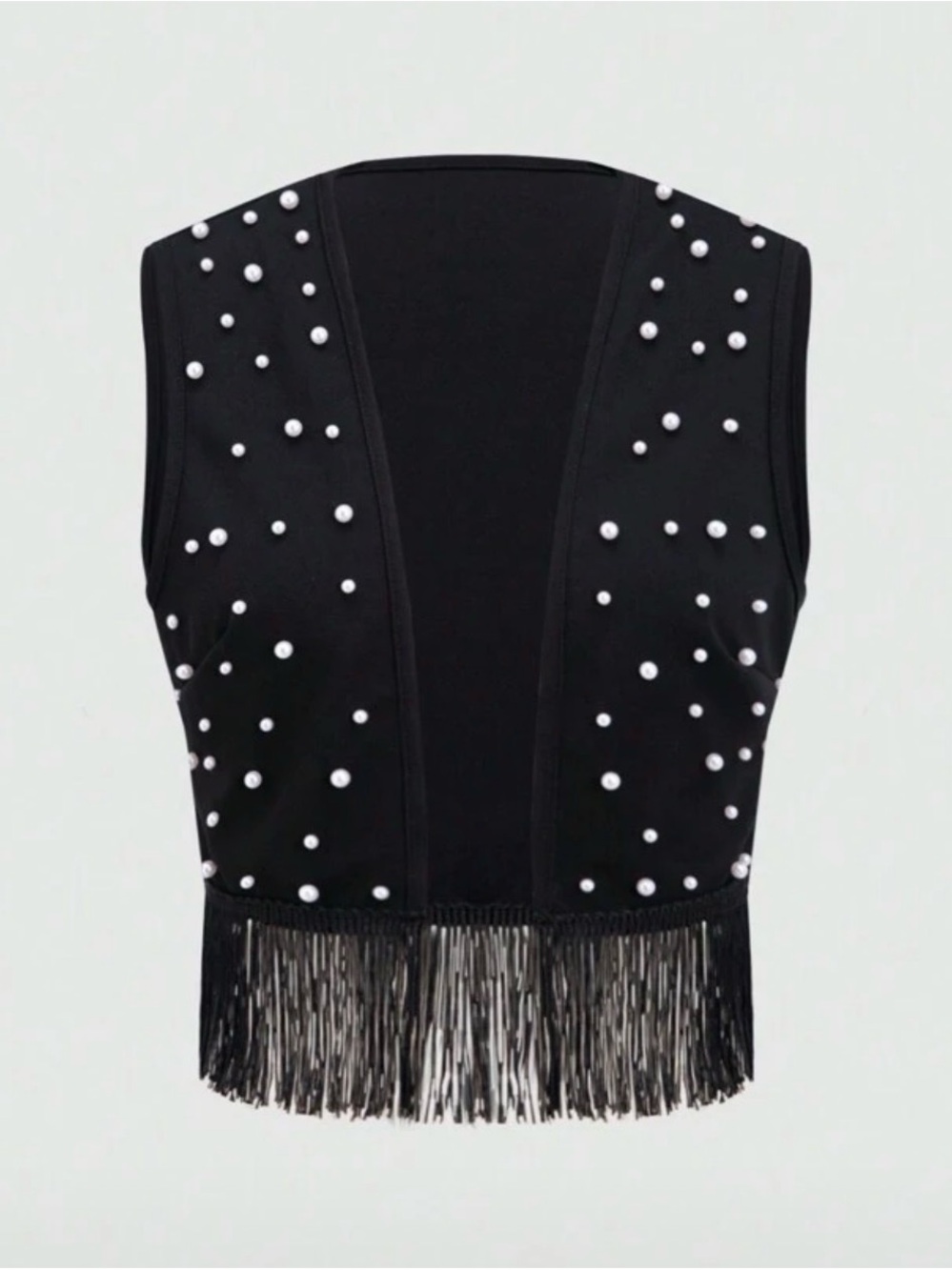 Black Pearl-Embellished Fringe Vest